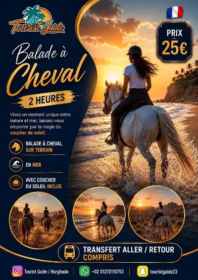Flyer Balade à cheval à Hurghada : 2 heures entre nature et mer avec coucher de soleil, transfert compris — 25 €