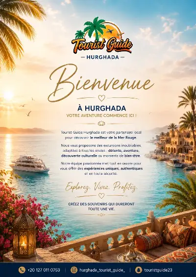 Flyer de présentation : Bienvenue à Hurghada, votre aventure commence ici — Tourist Guide Hurghada, votre partenaire local pour découvrir le meilleur de la mer Rouge