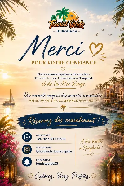 Flyer de présentation : Merci pour votre confiance — réservez dès maintenant avec Tourist Guide Hurghada
