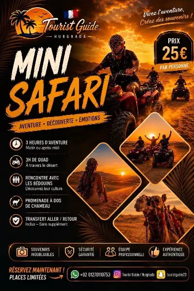 Flyer Mini Safari Hurghada : 3 heures d'aventure, quad à travers le désert, rencontre avec les Bédouins, chameau — 25 € par personne