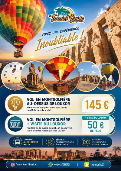 Flyer Montgolfière à Louxor : vol au-dessus des temples et du Nil 145 €, option visite de Louxor +50 €