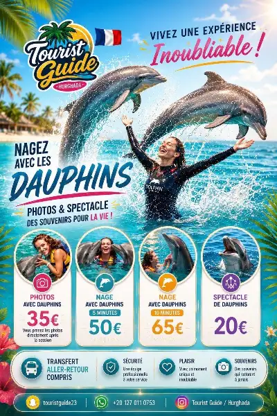 Flyer Nage avec les dauphins à Hurghada : photos 35 €, nage 5 minutes 50 €, nage 10 minutes 65 €, spectacle 20 €