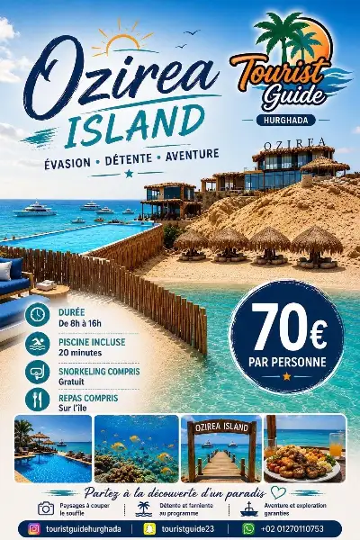 Flyer Ozirea Island Hurghada : journée de 8 h à 16 h, piscine, snorkeling et repas compris — 70 € par personne