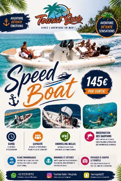 Flyer Speed Boat Hurghada : 4 heures d'excursion privée jusqu'à 6 personnes, snorkeling et observation des dauphins — 145 € la sortie